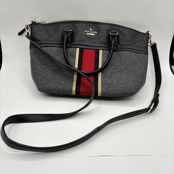 Kate Spade New York Satchel Tote Crossbody Bag Gray Black Leather Red Stripe - Picture 1 of 8